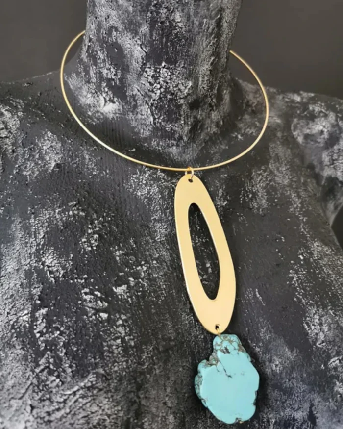 Κολιέ choker χειροποίητο επιχρυσωμένο 14Κ με τυρκουάζ boho - Image 2