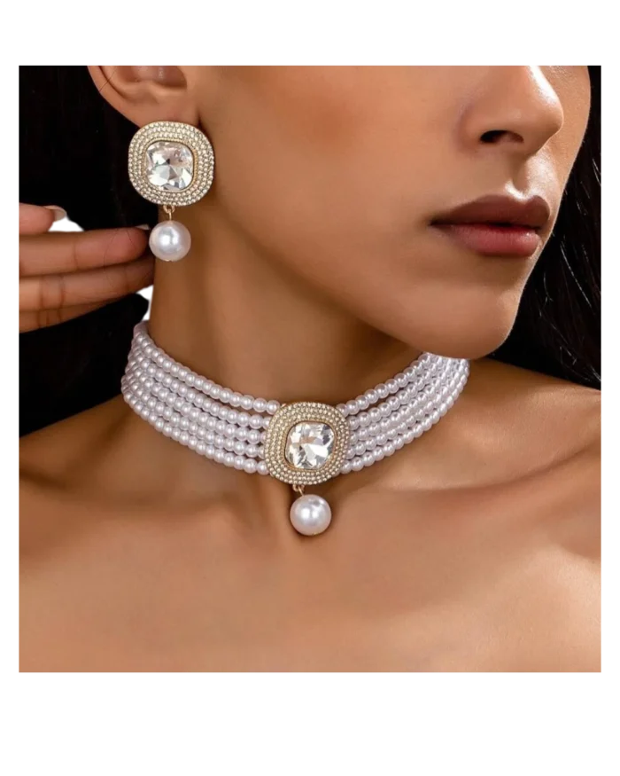 Κολιέ choker σετ με τα σκουλαρίκια του με πέρλες και κρύσταλλα - Image 3